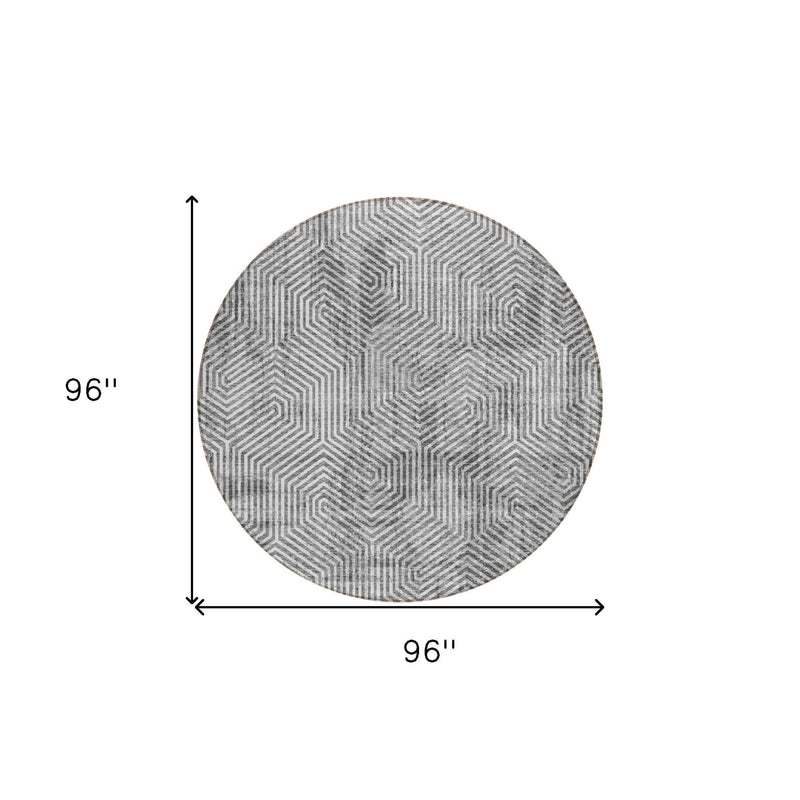 8' Silver And Gray Round Geometric Washable Indoor Outdoor Area Rug