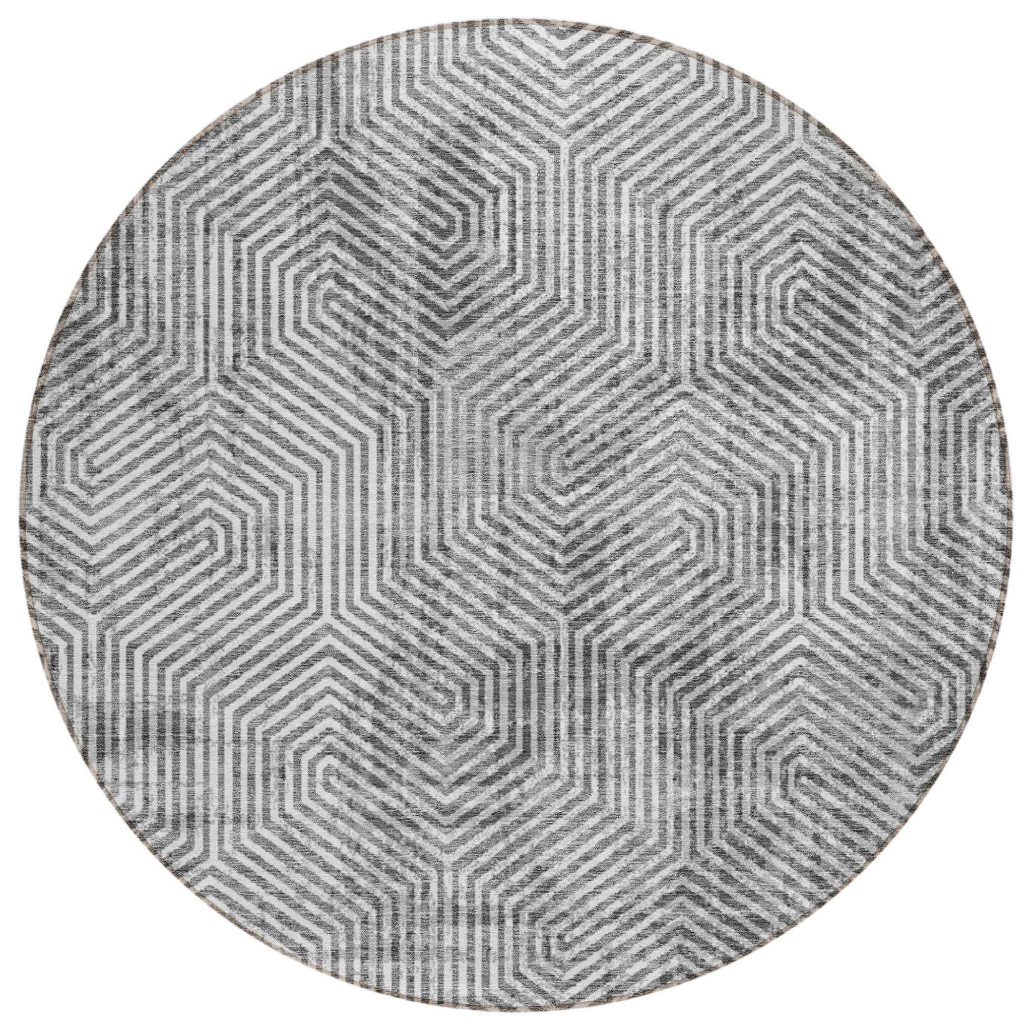 8' Silver And Gray Round Geometric Washable Indoor Outdoor Area Rug