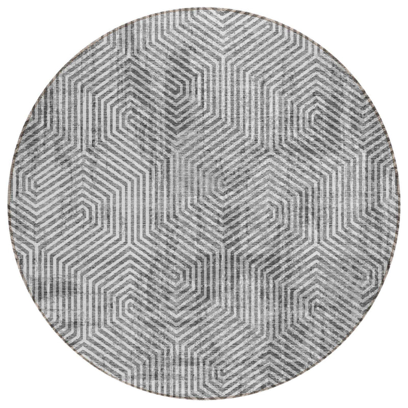 8' Silver And Gray Round Geometric Washable Indoor Outdoor Area Rug