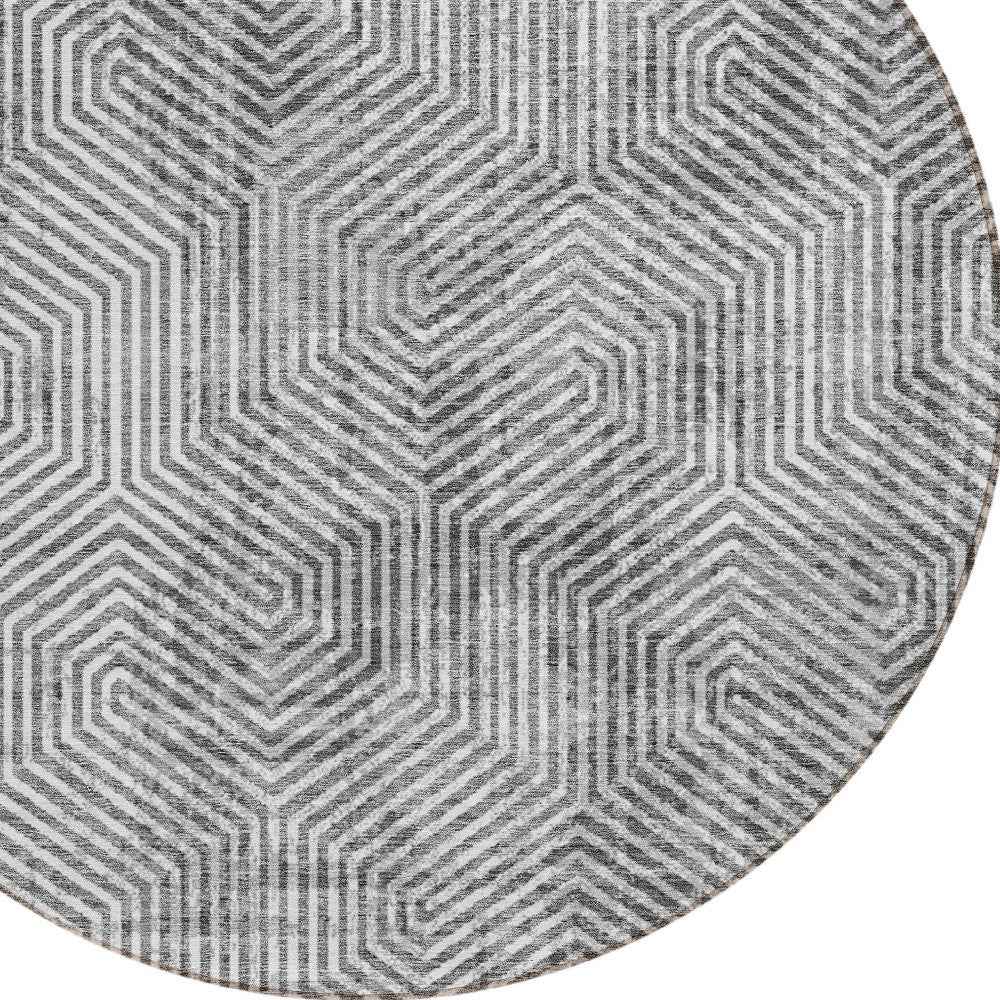 8' Silver And Gray Round Geometric Washable Indoor Outdoor Area Rug