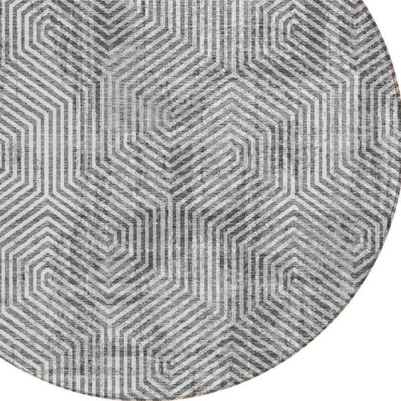 8' Silver And Gray Round Geometric Washable Indoor Outdoor Area Rug