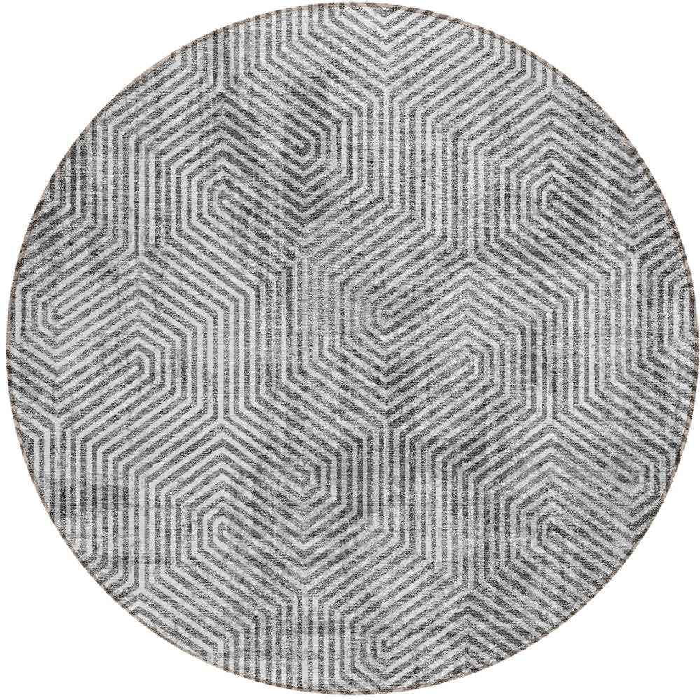 8' Silver And Gray Round Geometric Washable Indoor Outdoor Area Rug