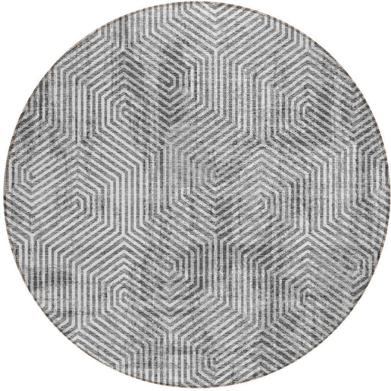 8' Silver And Gray Round Geometric Washable Indoor Outdoor Area Rug