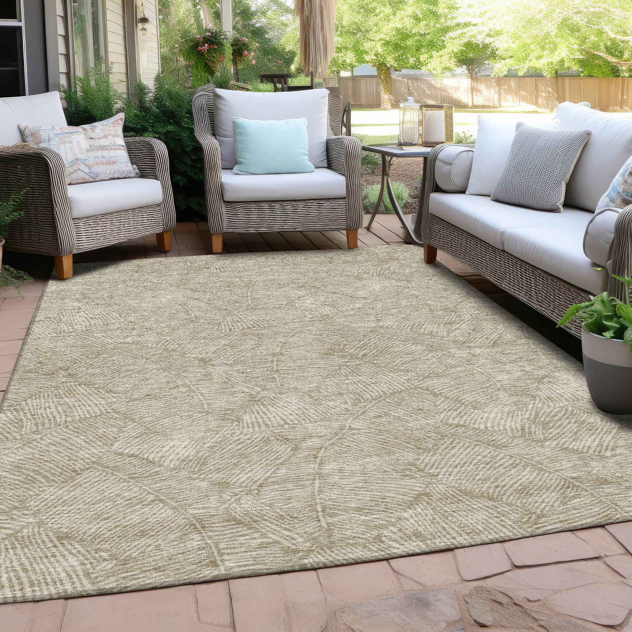 8' X 10' Taupe And Ivory Floral Washable Indoor Outdoor Area Rug