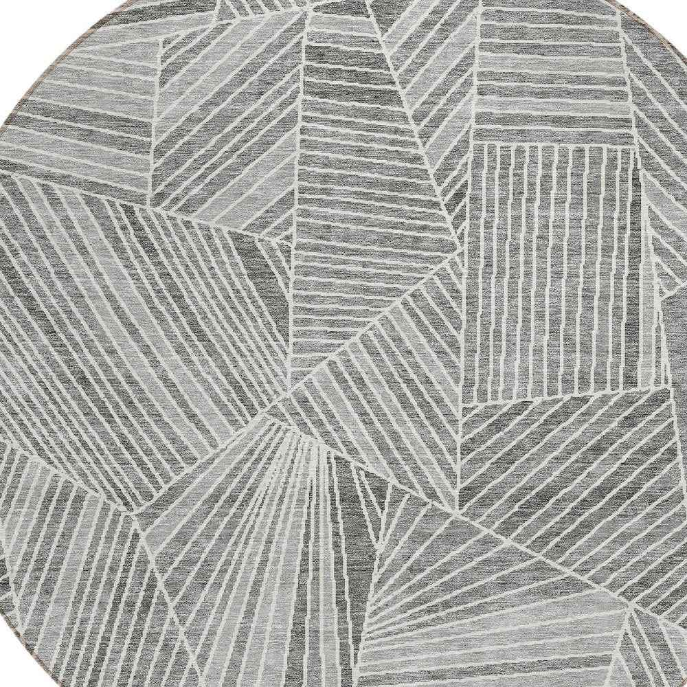 8' Gray And Ivory Round Geometric Washable Indoor Outdoor Area Rug
