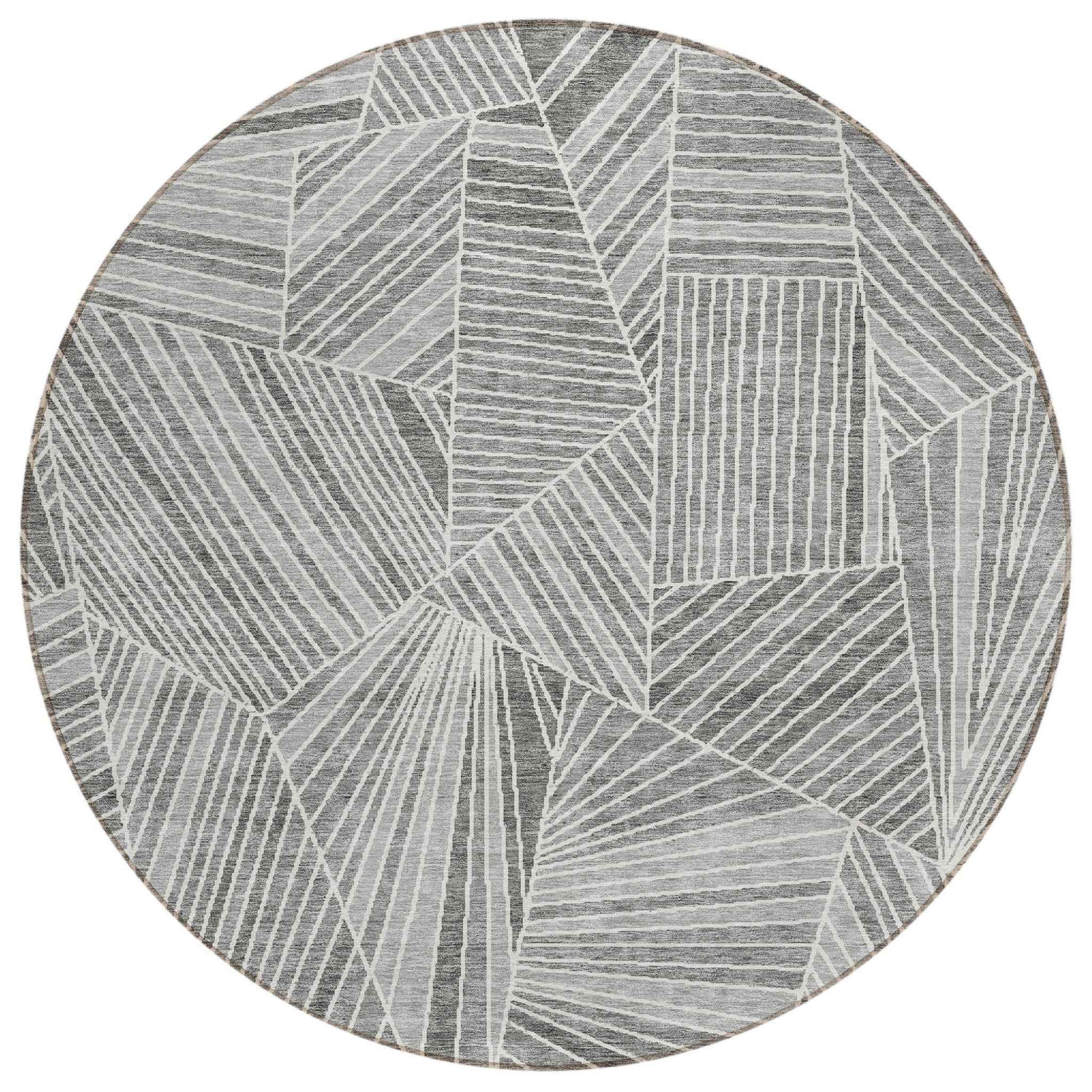 8' Gray And Ivory Round Geometric Washable Indoor Outdoor Area Rug
