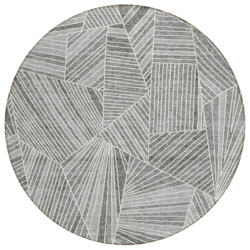 8' Gray And Ivory Round Geometric Washable Indoor Outdoor Area Rug