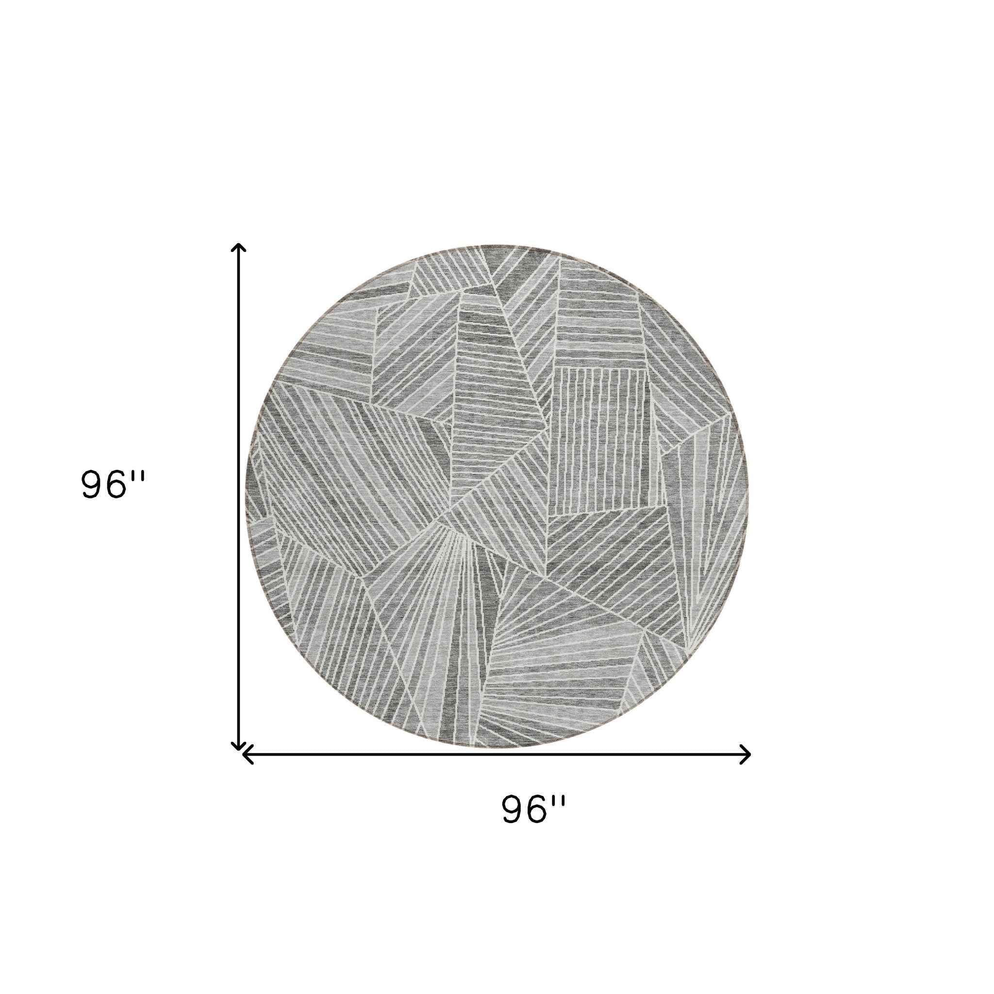 8' Gray And Ivory Round Geometric Washable Indoor Outdoor Area Rug