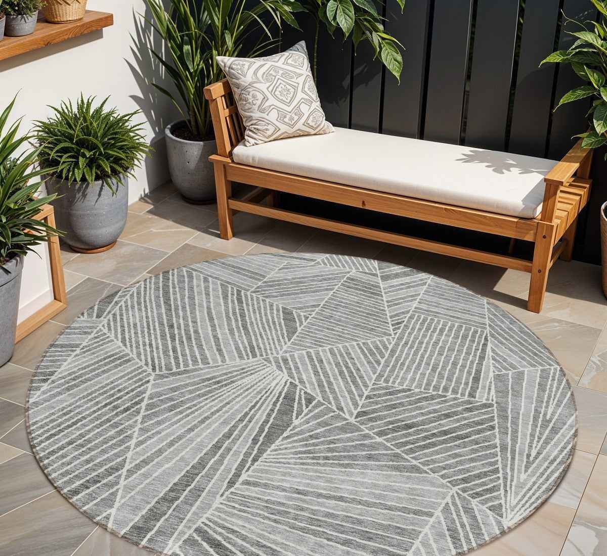 8' Gray And Ivory Round Geometric Washable Indoor Outdoor Area Rug