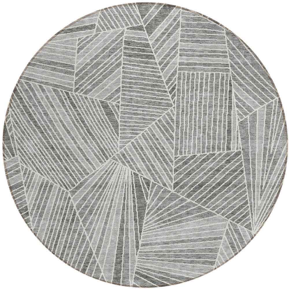 8' Gray And Ivory Round Geometric Washable Indoor Outdoor Area Rug