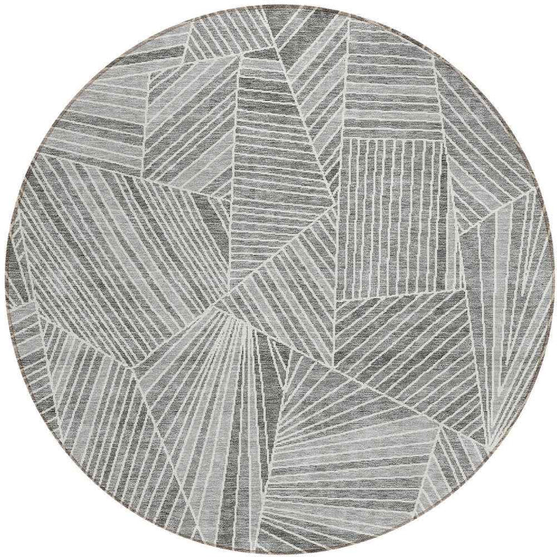 8' Gray And Ivory Round Geometric Washable Indoor Outdoor Area Rug
