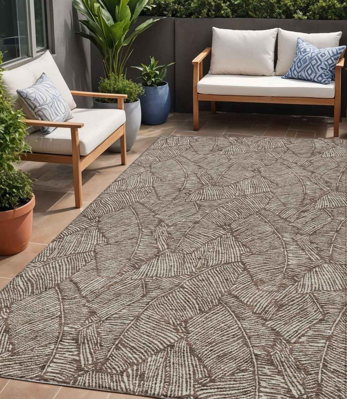 5' X 8' Brown And Beige Floral Washable Indoor Outdoor Area Rug