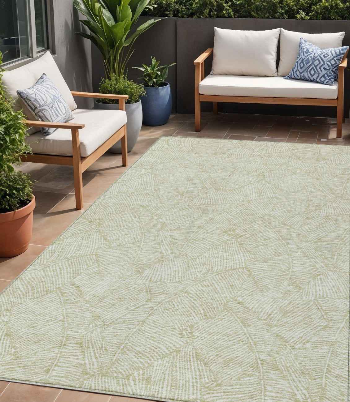 5' X 8' Artichoke Green And Ivory Floral Washable Indoor Outdoor Area Rug