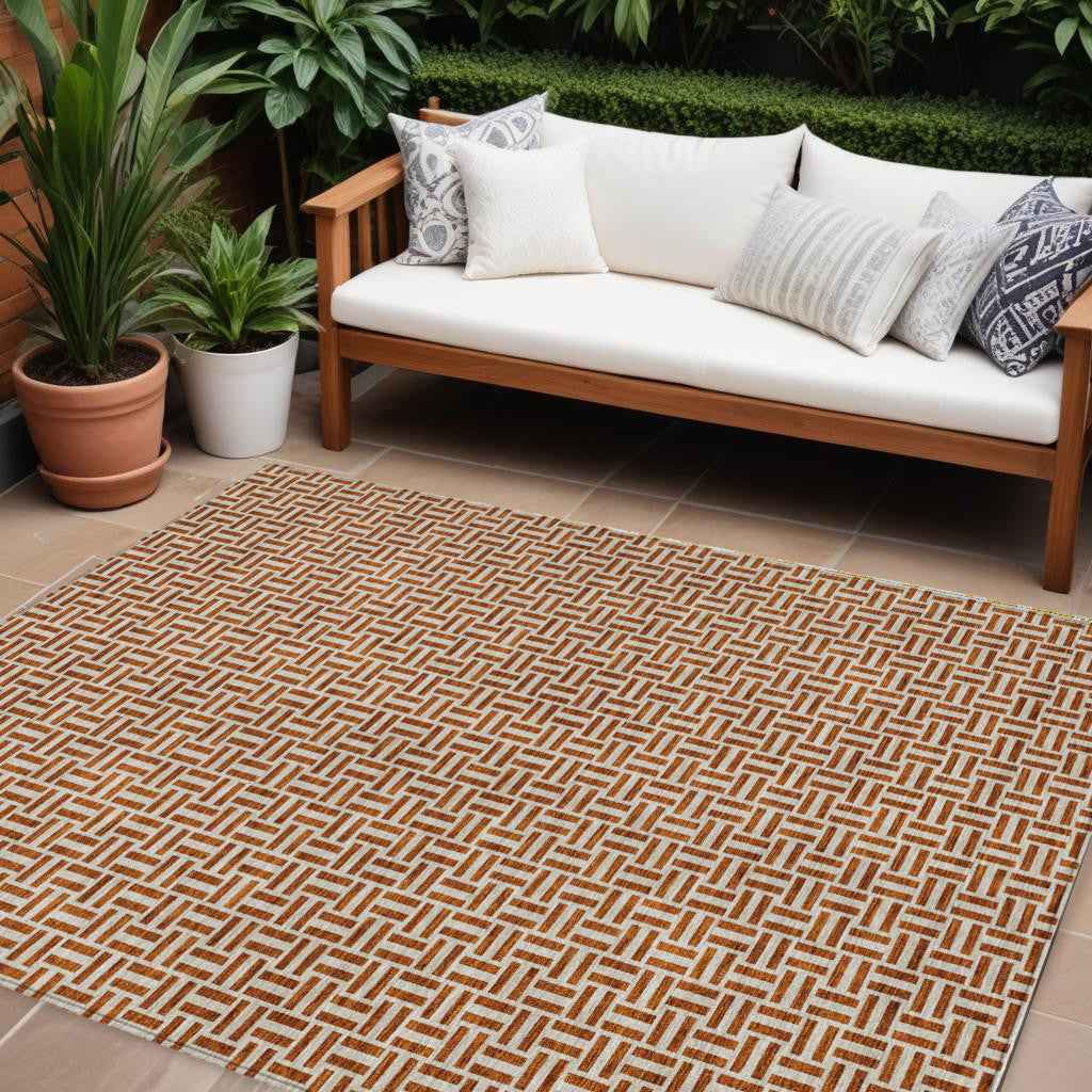 9' X 12' Copper And Beige Geometric Washable Indoor Outdoor Area Rug