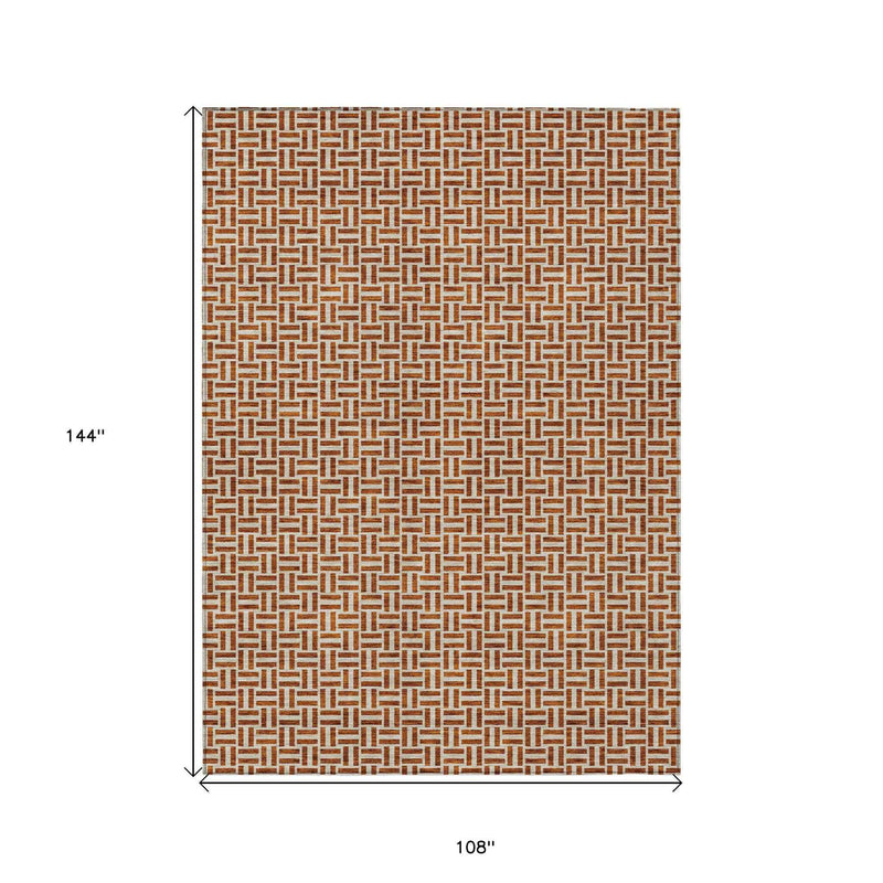 9' X 12' Copper And Beige Geometric Washable Indoor Outdoor Area Rug