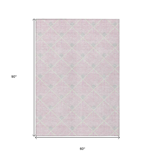 5' X 8' Pink Gray And Ivory Geometric Washable Indoor Outdoor Area Rug