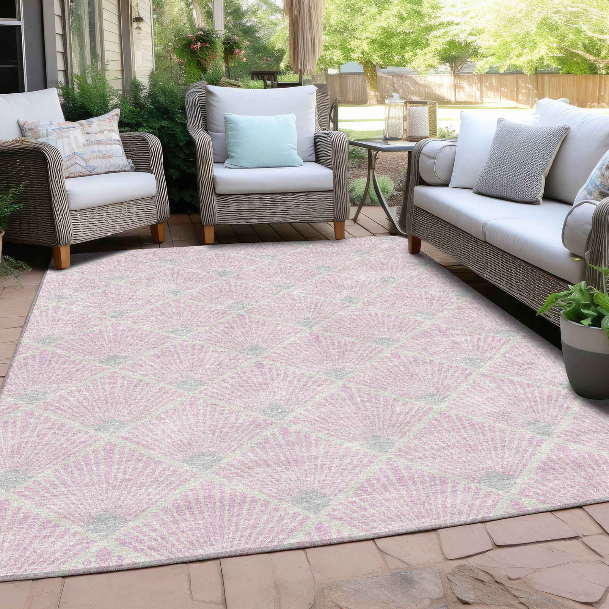 5' X 8' Pink Gray And Ivory Geometric Washable Indoor Outdoor Area Rug