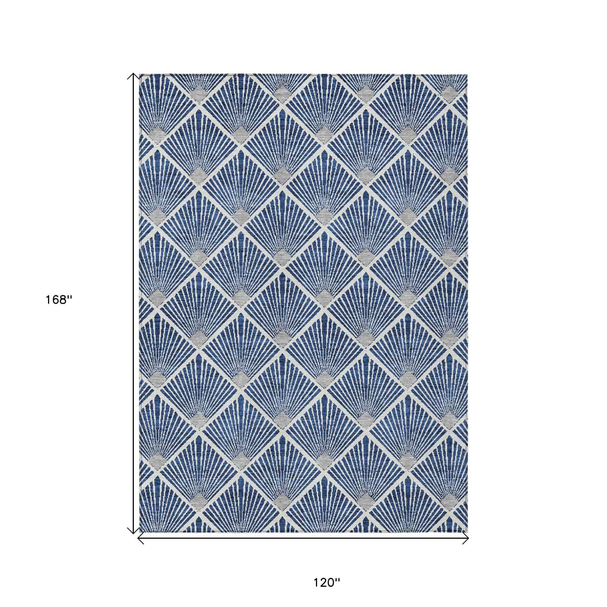 10' X 14' Navy Blue Gray And Ivory Geometric Washable Indoor Outdoor Area Rug