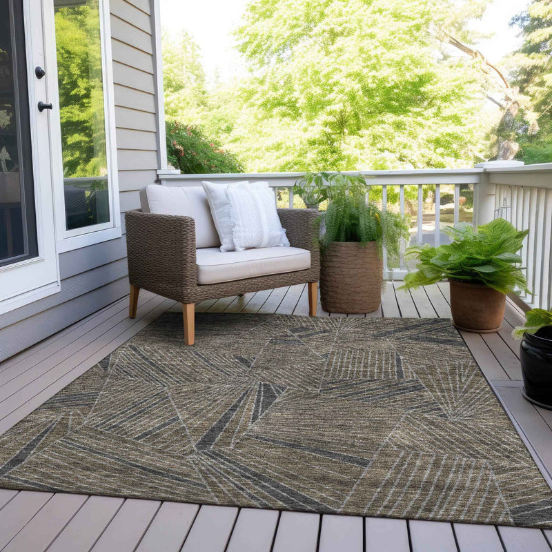 10' X 14' Brown Black And Gray Geometric Washable Indoor Outdoor Area Rug