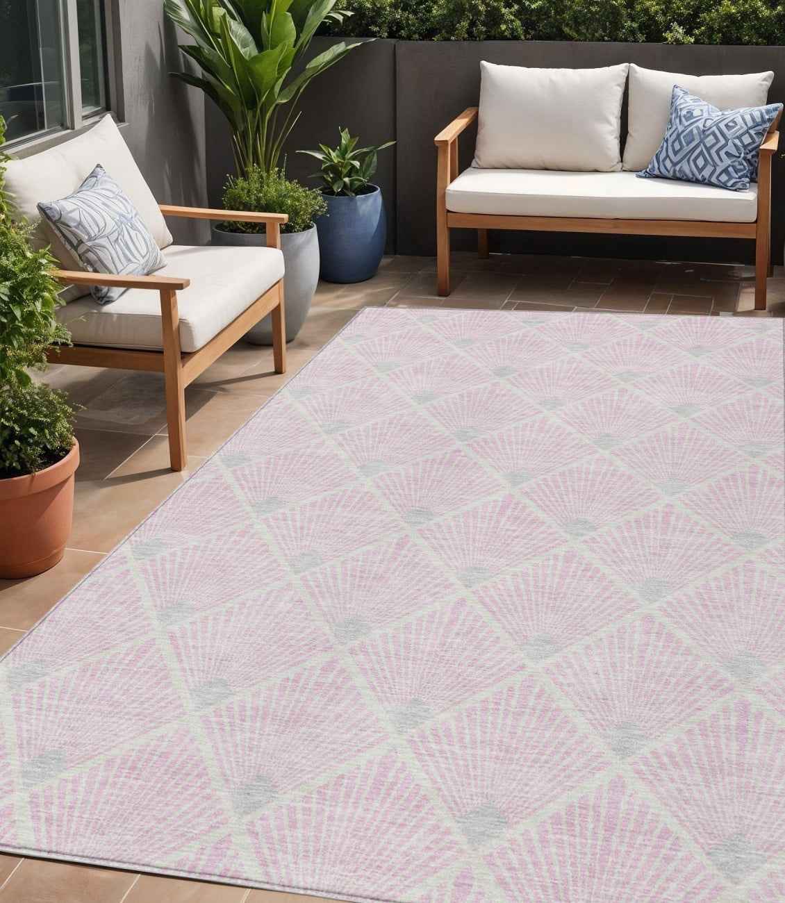 5' X 8' Pink Gray And Ivory Geometric Washable Indoor Outdoor Area Rug