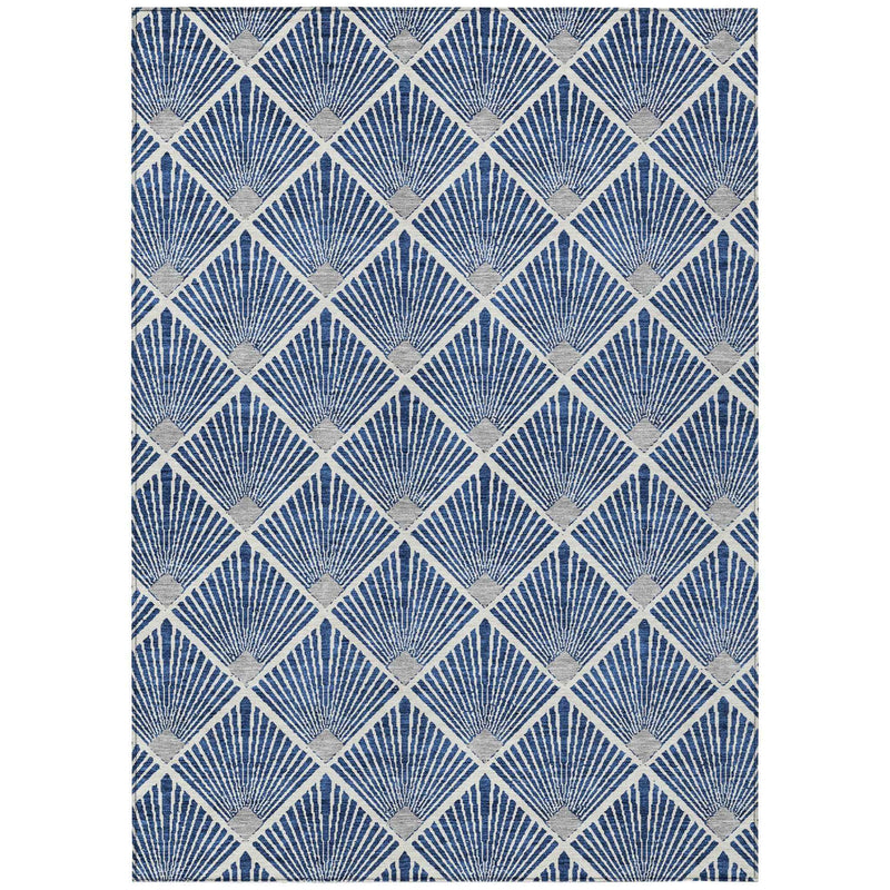 10' X 14' Navy Blue Gray And Ivory Geometric Washable Indoor Outdoor Area Rug