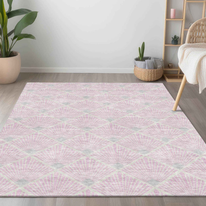 5' X 8' Pink Gray And Ivory Geometric Washable Indoor Outdoor Area Rug