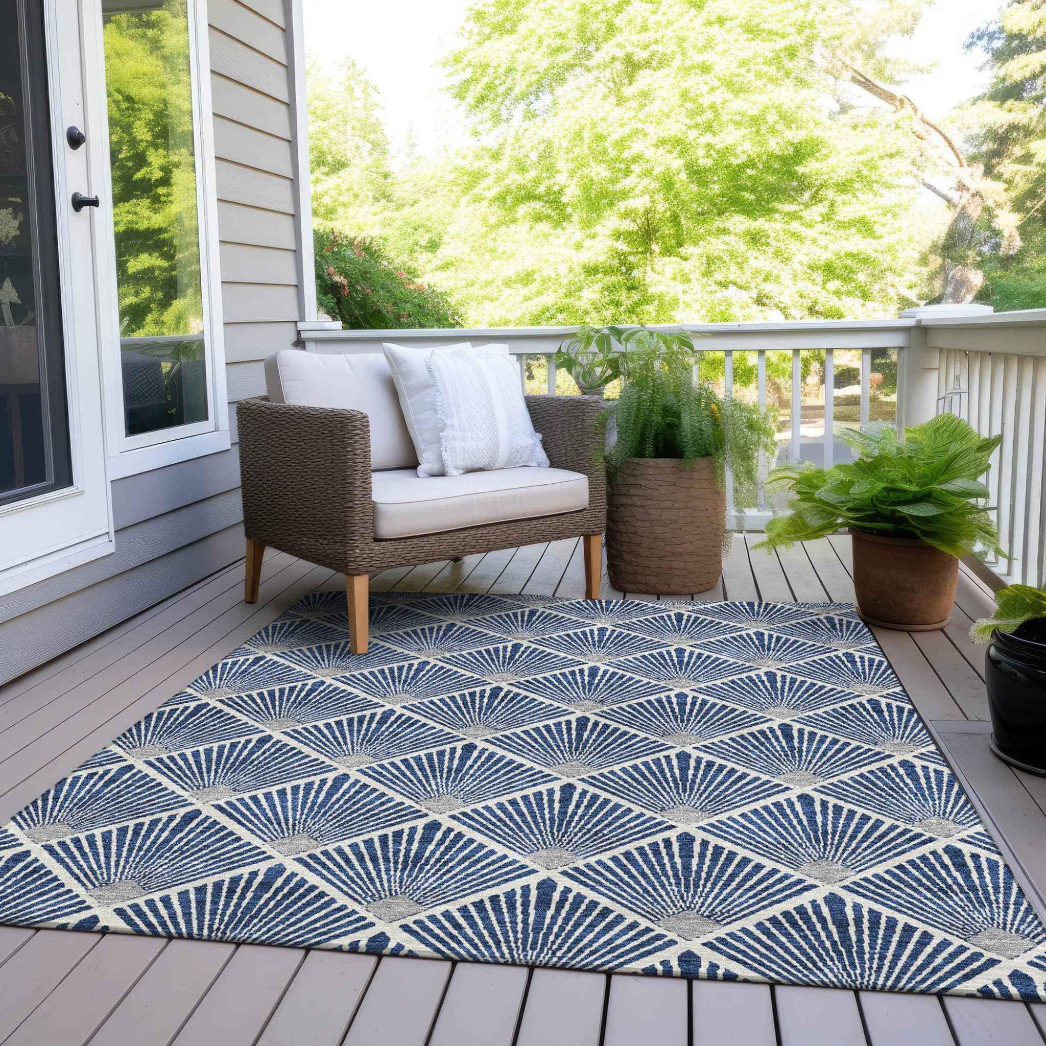 10' X 14' Navy Blue Gray And Ivory Geometric Washable Indoor Outdoor Area Rug
