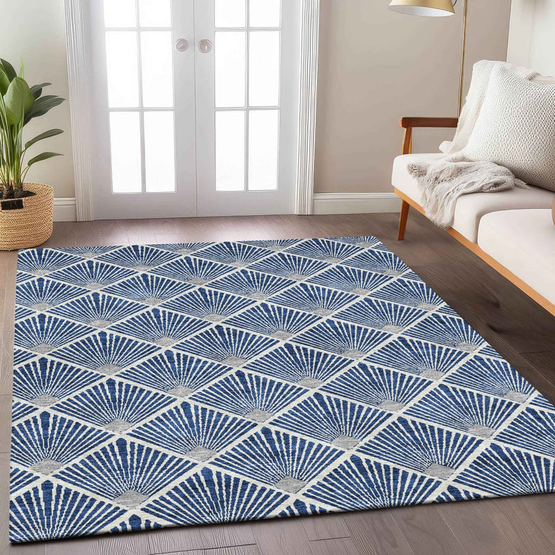 10' X 14' Navy Blue Gray And Ivory Geometric Washable Indoor Outdoor Area Rug