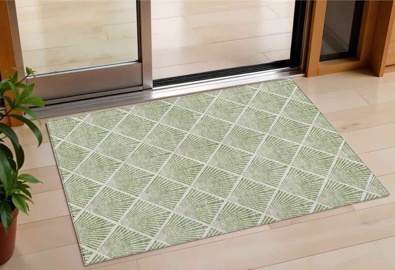 3' X 5' Green Beige And Ivory Geometric Washable Indoor Outdoor Area Rug