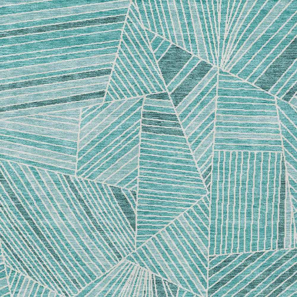 3' X 5' Teal Blue And Ivory Geometric Washable Indoor Outdoor Area Rug