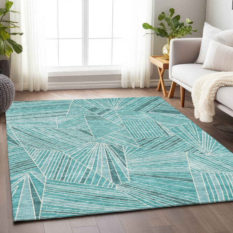 3' X 5' Teal Blue And Ivory Geometric Washable Indoor Outdoor Area Rug