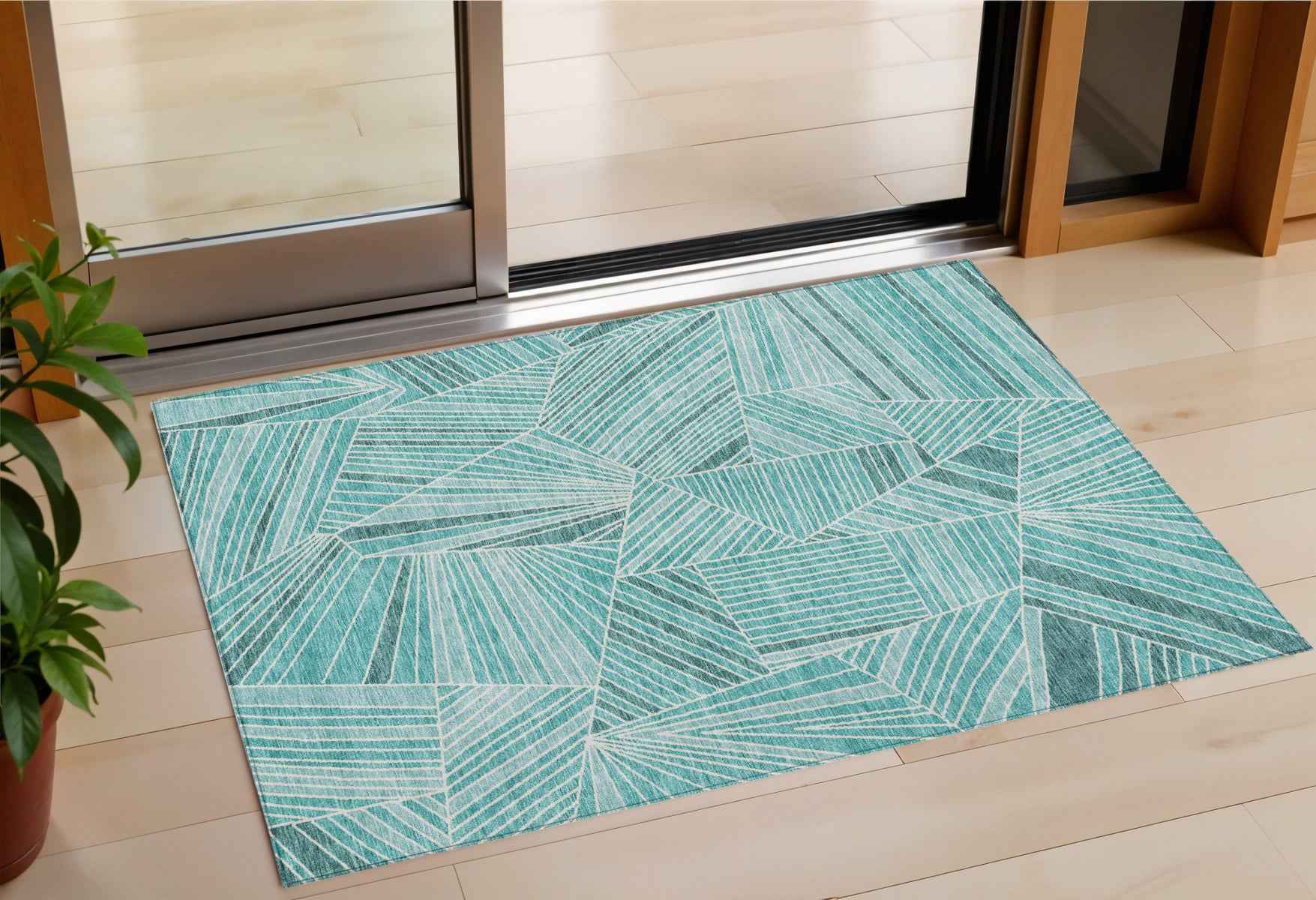 3' X 5' Teal Blue And Ivory Geometric Washable Indoor Outdoor Area Rug