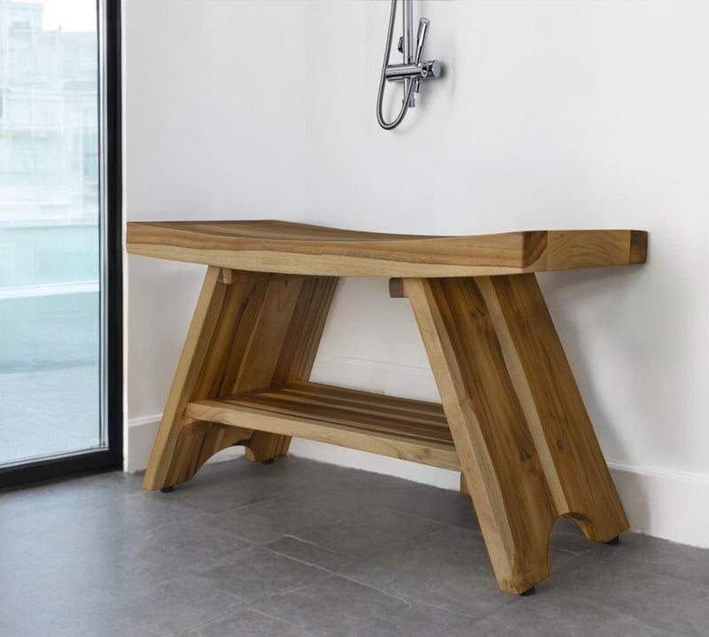 35" Teak Rectangular Shower Outdoor Bench With Shelf In Natural Finish - Bed & Bath