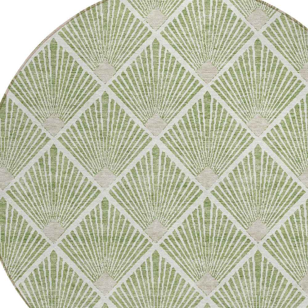 8' Green Beige And Ivory Round Geometric Washable Indoor Outdoor Area Rug