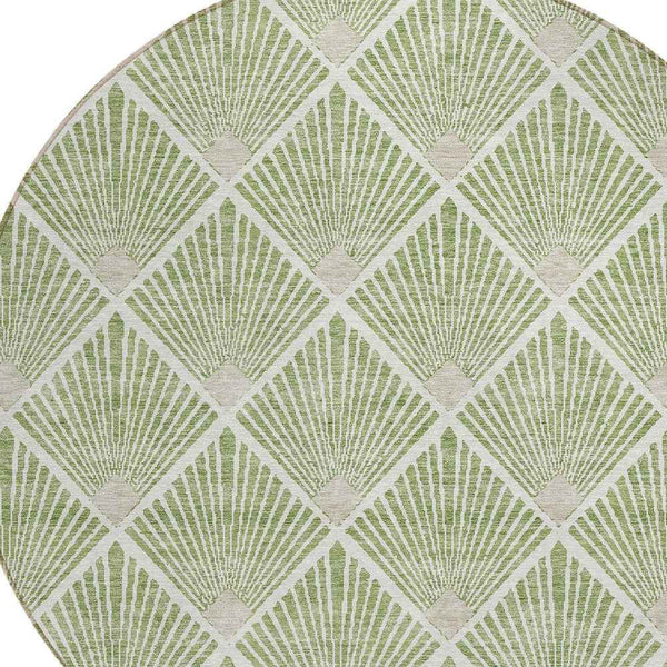 8' Green Beige And Ivory Round Geometric Washable Indoor Outdoor Area Rug