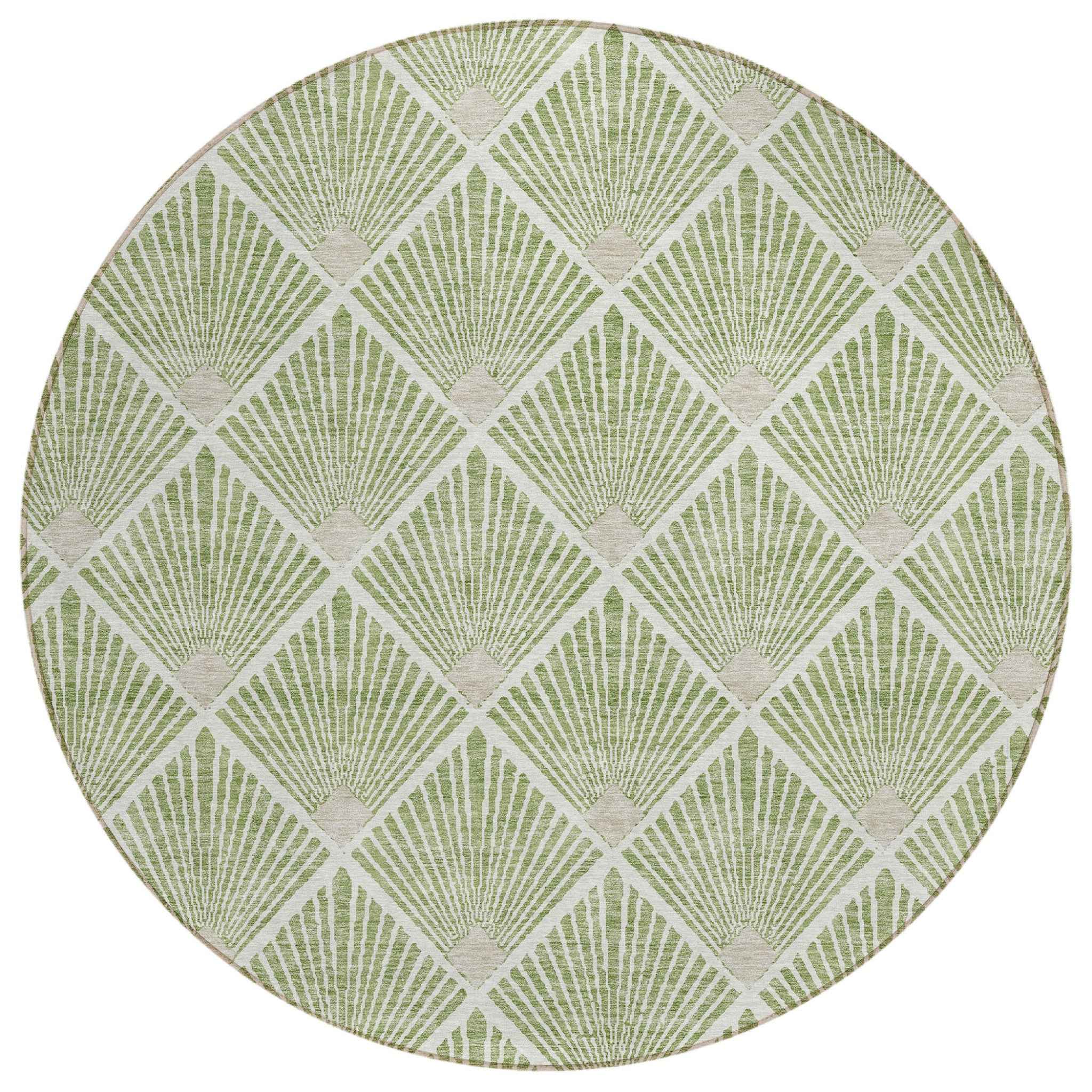 8' Green Beige And Ivory Round Geometric Washable Indoor Outdoor Area Rug
