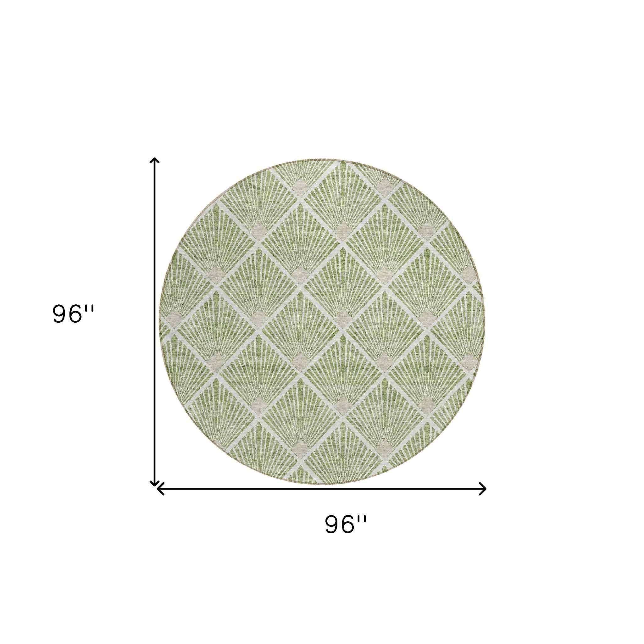 8' Green Beige And Ivory Round Geometric Washable Indoor Outdoor Area Rug