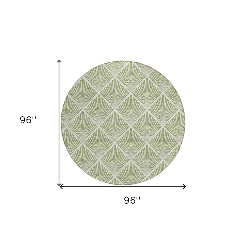 8' Green Beige And Ivory Round Geometric Washable Indoor Outdoor Area Rug