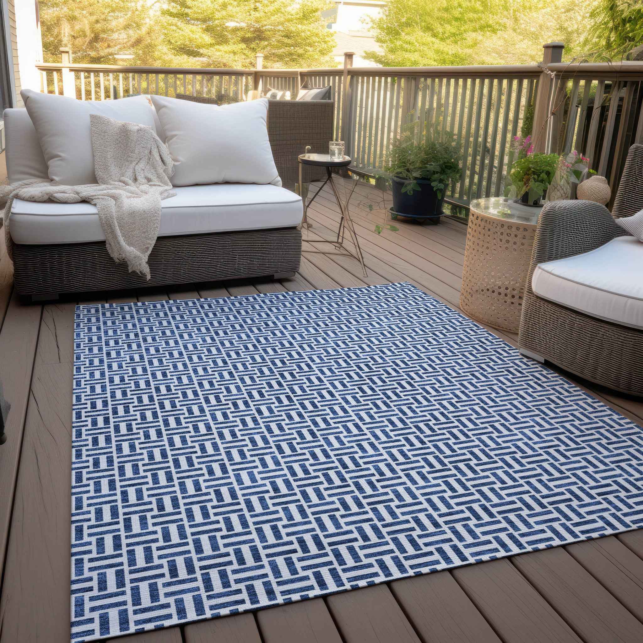 3' X 5' Navy Blue And Gray Geometric Washable Indoor Outdoor Area Rug