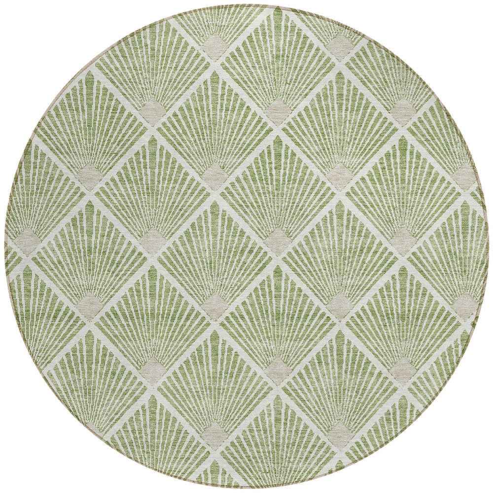 8' Green Beige And Ivory Round Geometric Washable Indoor Outdoor Area Rug