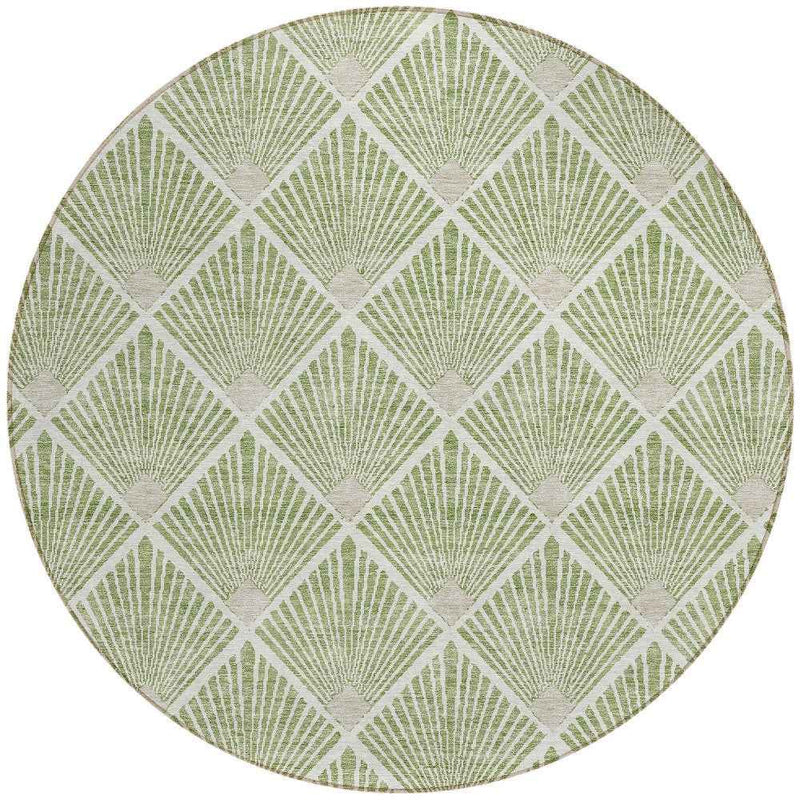 8' Green Beige And Ivory Round Geometric Washable Indoor Outdoor Area Rug