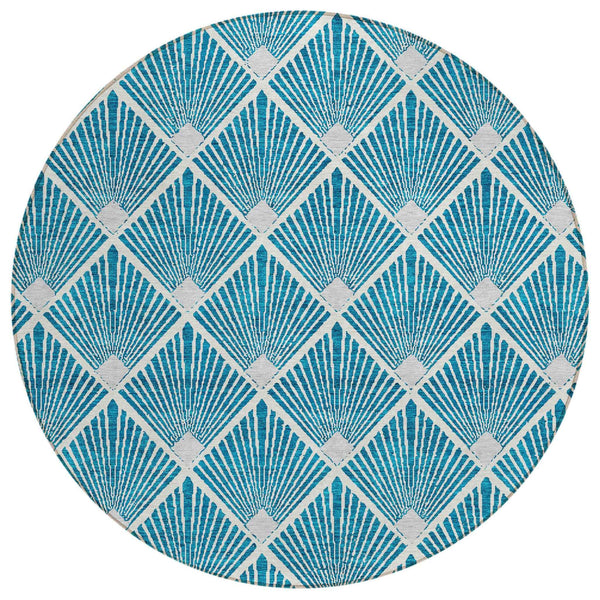 8' Teal Blue And Ivory Round Geometric Washable Indoor Outdoor Area Rug