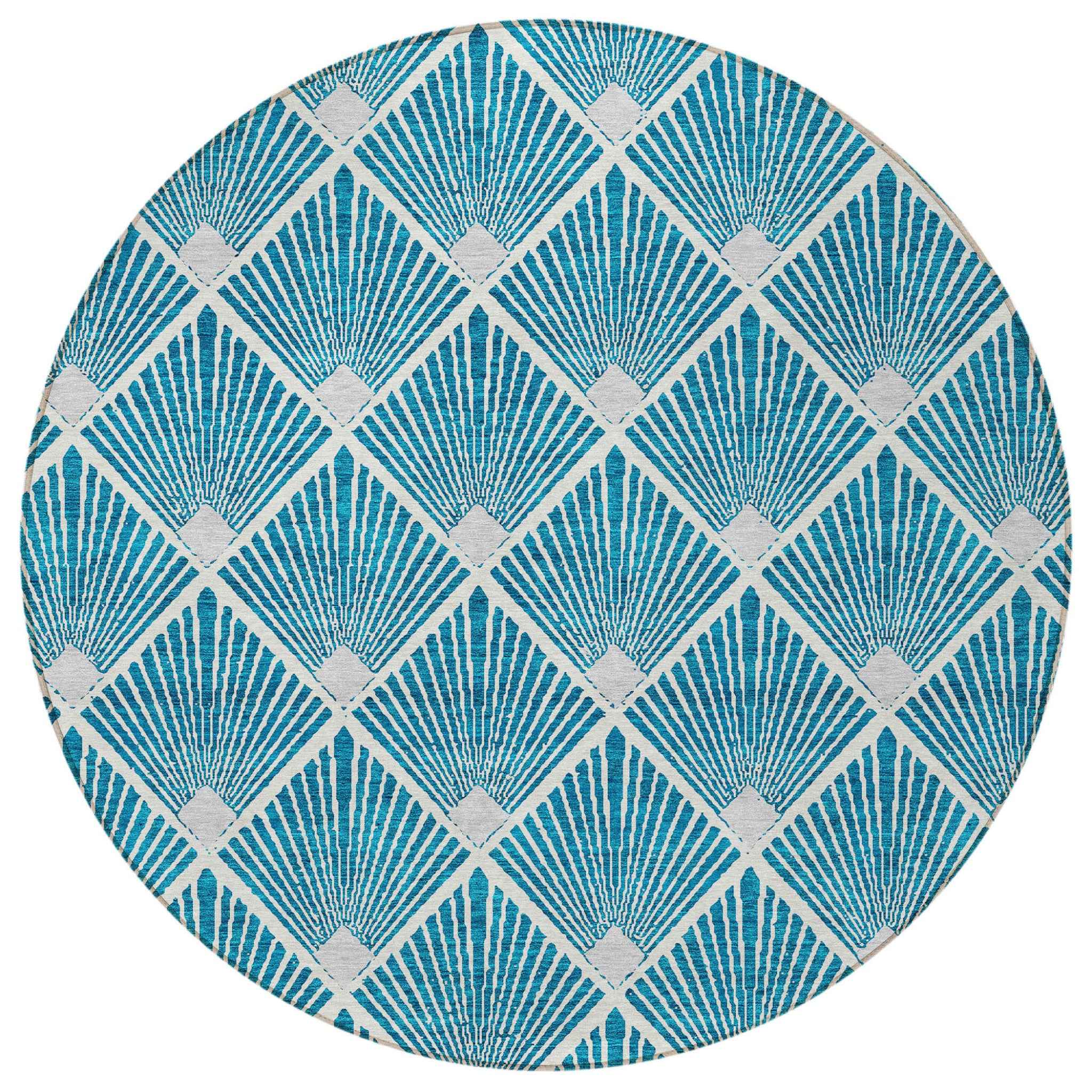 8' Teal Blue And Ivory Round Geometric Washable Indoor Outdoor Area Rug