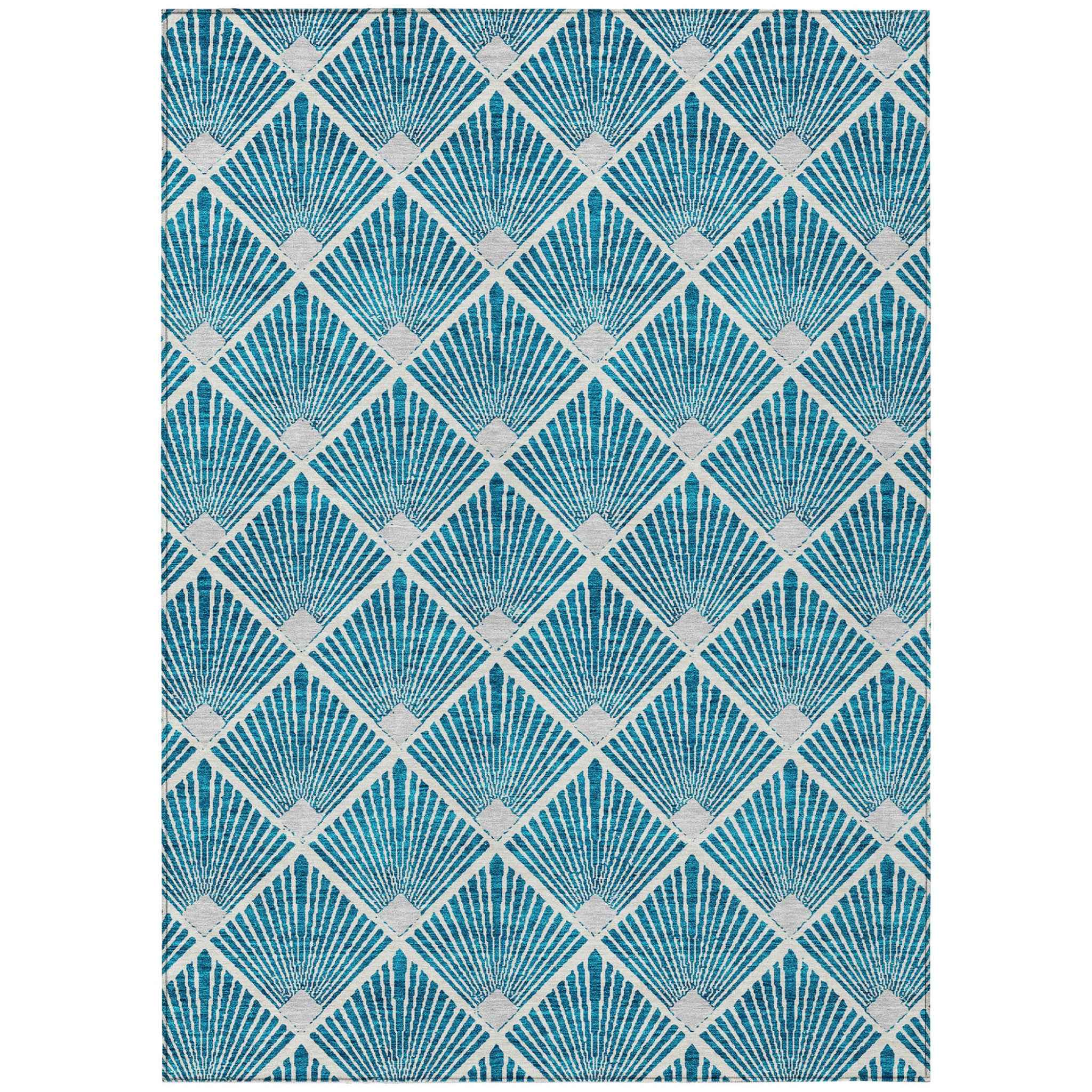 9' X 12' Teal Blue And Ivory Geometric Washable Indoor Outdoor Area Rug