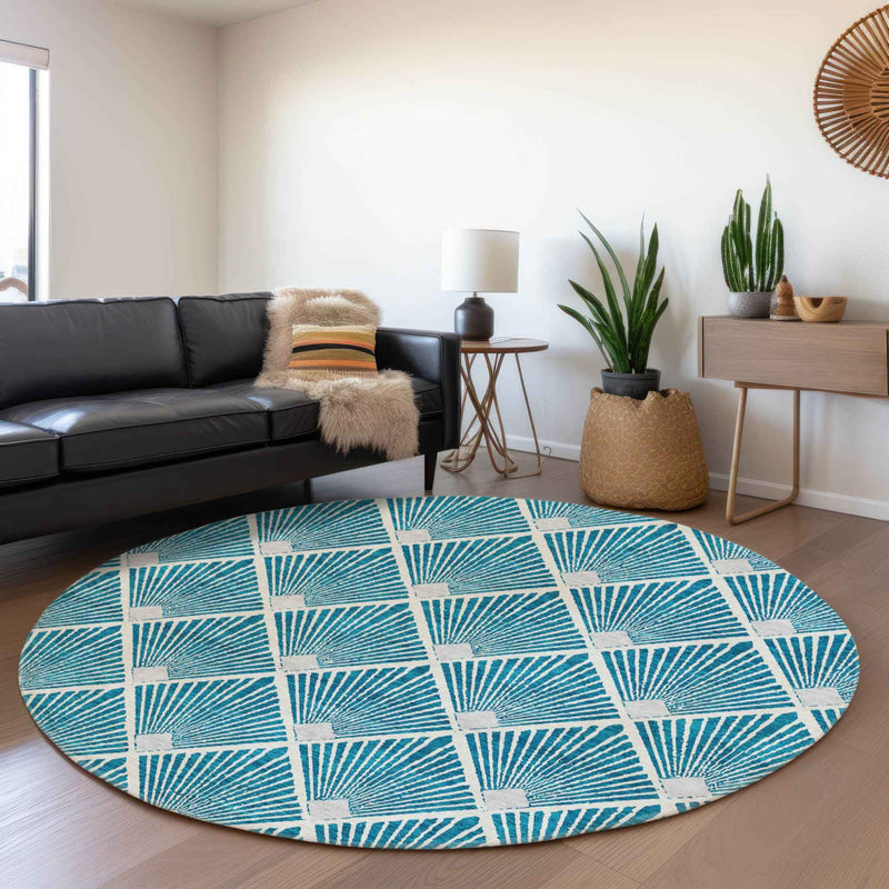 8' Teal Blue And Ivory Round Geometric Washable Indoor Outdoor Area Rug