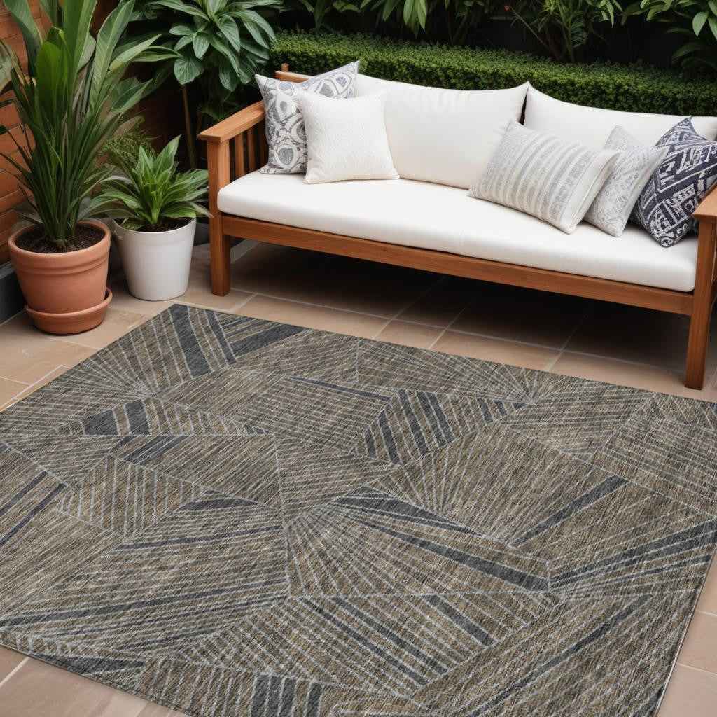 8' X 10' Brown Black And Gray Geometric Washable Indoor Outdoor Area Rug