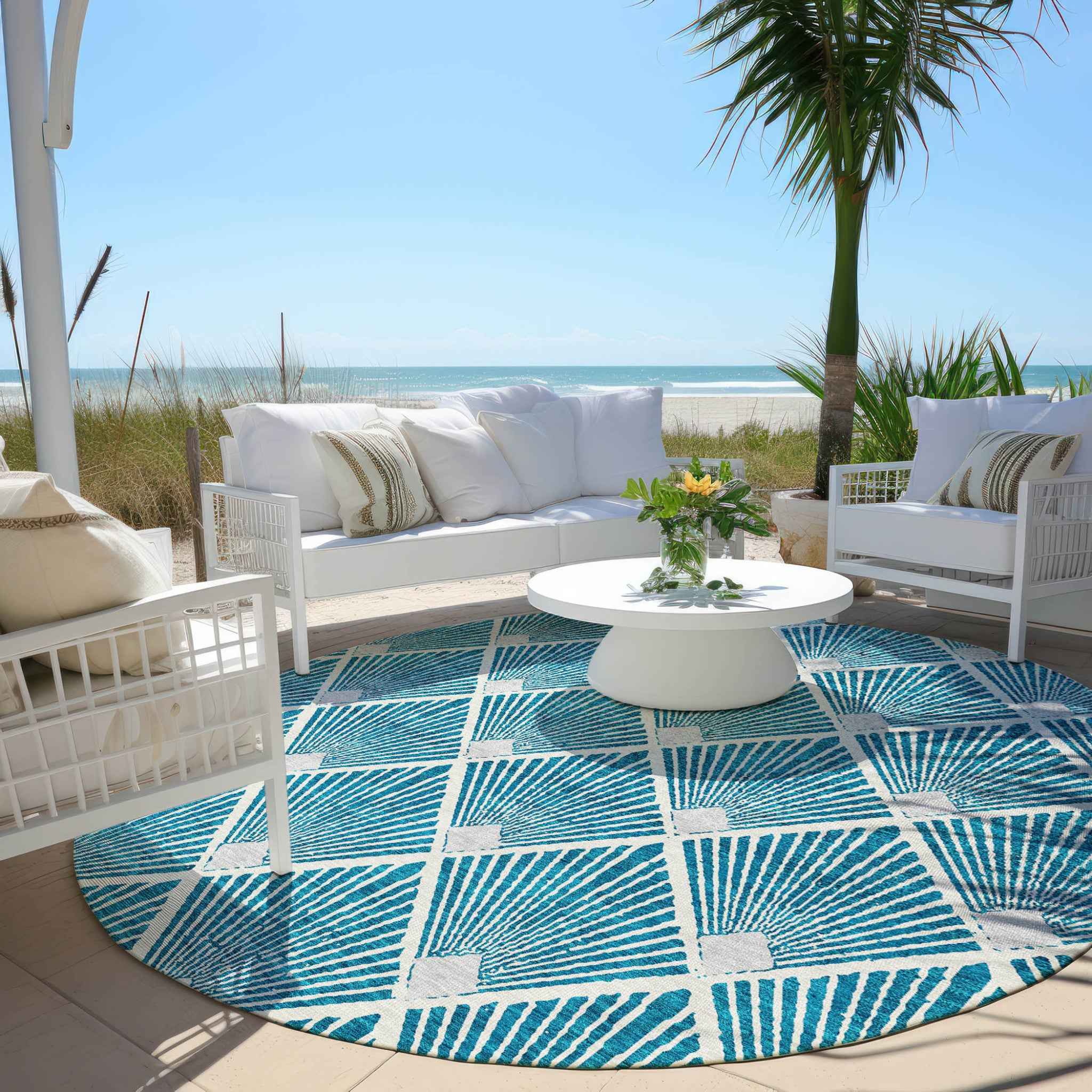 8' Teal Blue And Ivory Round Geometric Washable Indoor Outdoor Area Rug