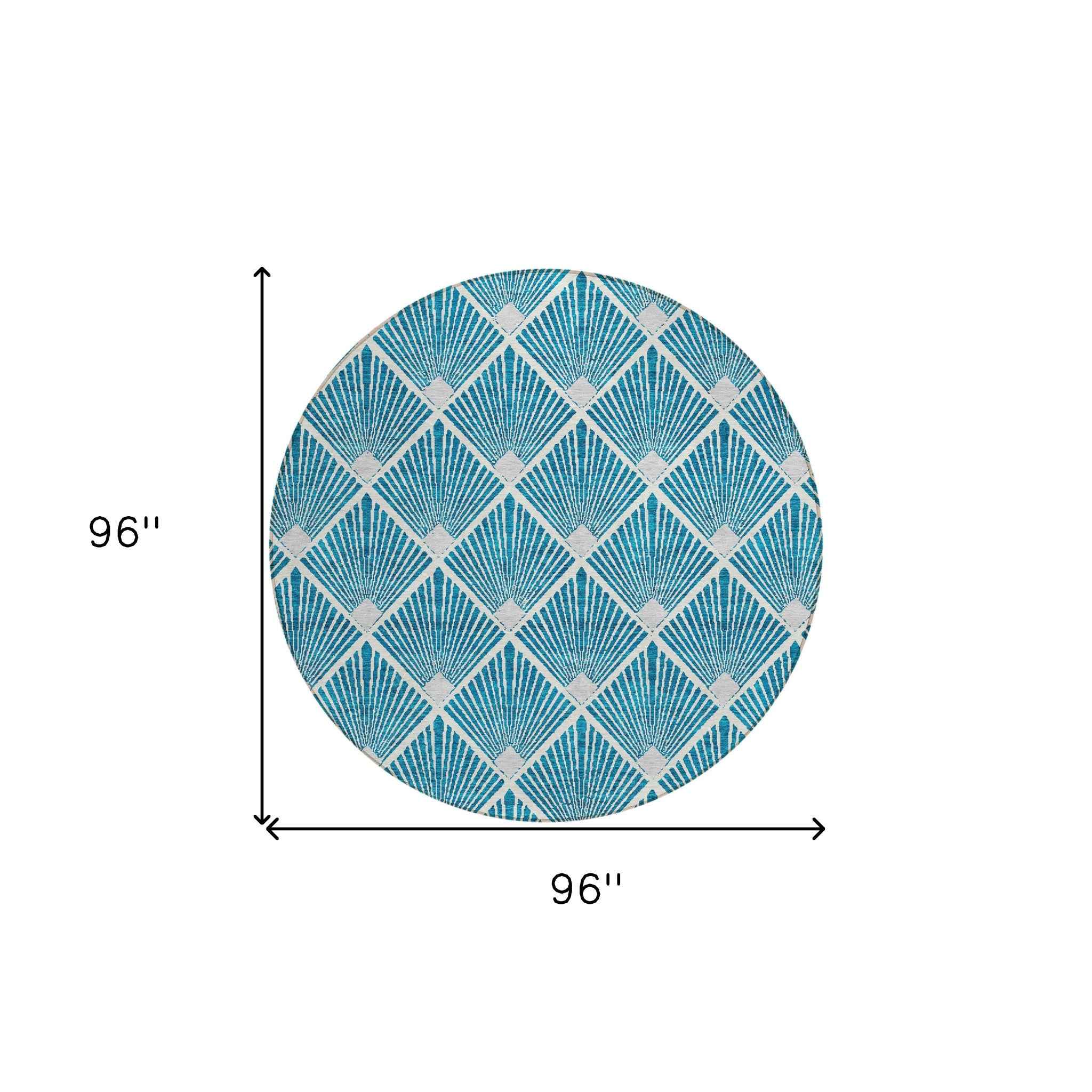 8' Teal Blue And Ivory Round Geometric Washable Indoor Outdoor Area Rug