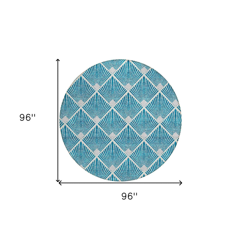 8' Teal Blue And Ivory Round Geometric Washable Indoor Outdoor Area Rug