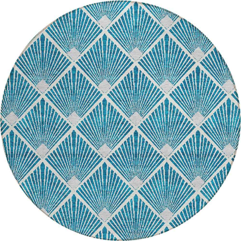 8' Teal Blue And Ivory Round Geometric Washable Indoor Outdoor Area Rug